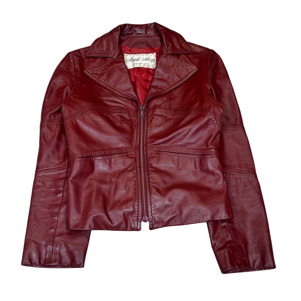 Vintage 70s Style Shop Leather Jacket Burgundy Full Zip Retro Moto Women's Small